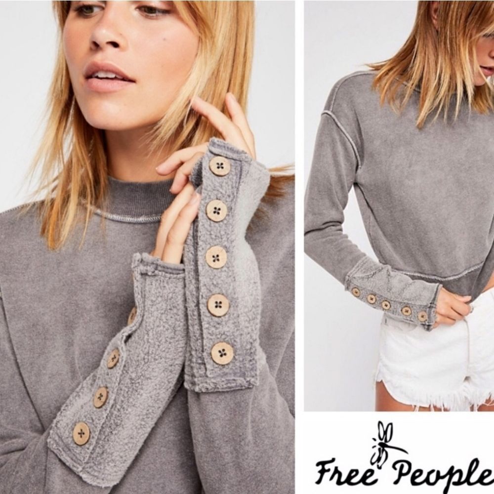Free People Cropped Gray Mockneck Pullover Sweatshirt with Buttoned Cuffs